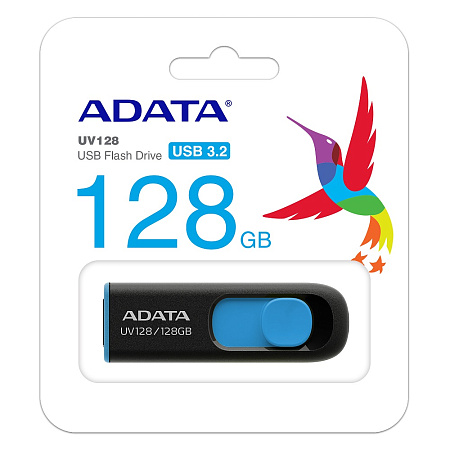 128GB  USB3.1 Flash Drive ADATA "UV128", Black-Blue, Plastic, Slider (R/W:90/40MB/s)