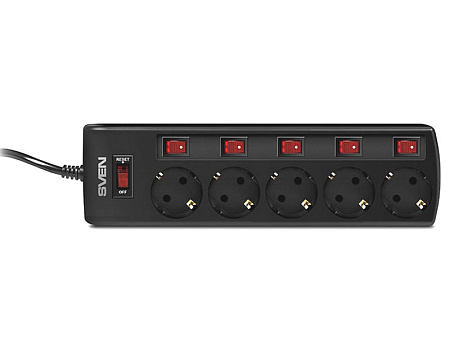 Surge Protector   5 Sockets,  1.8m,   Sven "SF-05PL", BLACK, individual switches, flame-retardant