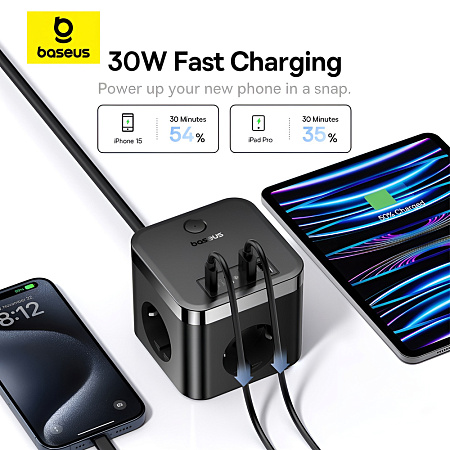 Baseus Power Strip Cube 30W 3AC+2*USB-A+2*Type-C 1,5M, PowerCombo Cube, Cluster Black