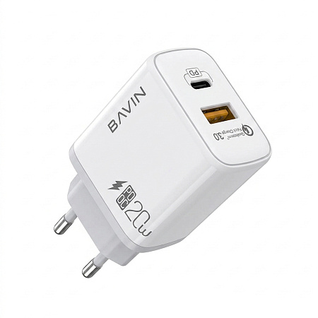 BAVIN Wall Charger USB/Type-C PD, QC3.0 20W, White