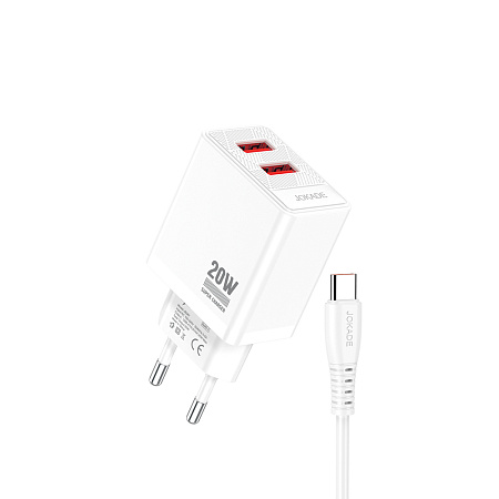 Jokade Wall Charger 2*USB-A 5A,20W with Cable Type-C JB088, White