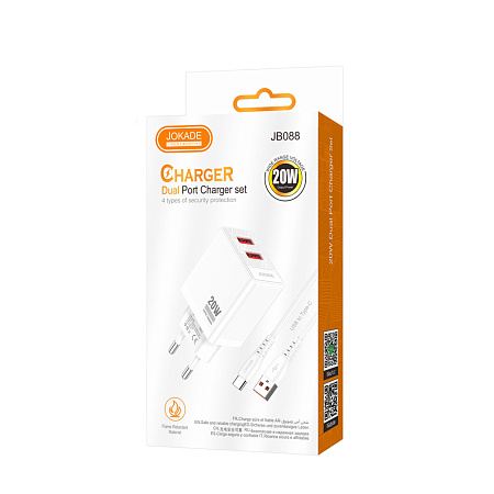 Jokade Wall Charger 2*USB-A 5A,20W with Cable Type-C JB088, White