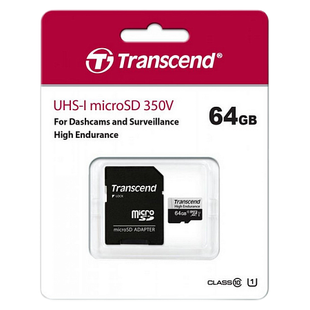 ..64GB MicroSD (Class 10) UHS-I (U1),+SD adapter, Transcend "TS64GUSD350V" (R/W:95/45MB/s, Endurance