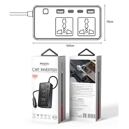 Yesido Car Inverter 12V 200W Max 1*AC220v 1*200W 2*USB-A 2*Type-C, Black Yesido Car Inverter 12V 200W Max 1*AC220v 1*200W 2*USB-A 2*Type-C, Black