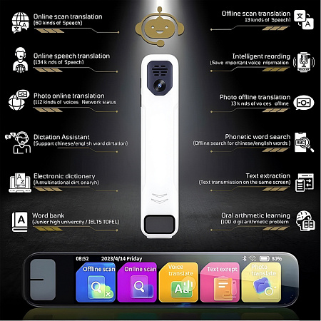 Translation Pen S08B 134 Languages/13 offline, 3.93", 1/8 GB, 820mAh, White