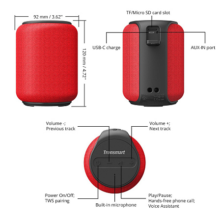 Tronsmart Wireless Speaker T6 Mini, Red Tronsmart Wireless Speaker T6 Mini, Red