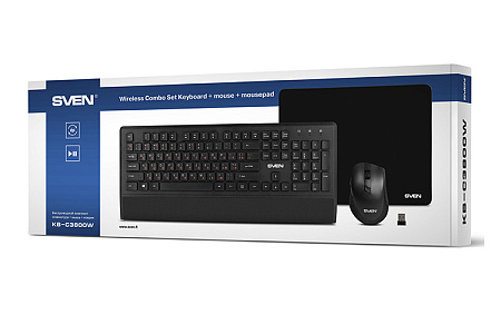 Wireless Keyboard & Mouse & Mouse Pad SVEN KB-C3800W, Multimedia, Palm rest, 1600dp, 6 buttons, Ergo Wireless Keyboard & Mouse & Mouse Pad SVEN KB-C3800W, Multimedia, Palm rest, 1600dp, 6 buttons, Ergo