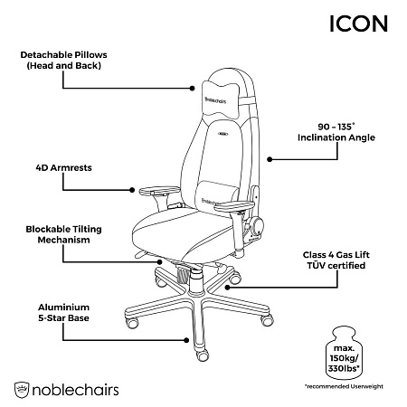 Gaming Chair Noble Icon NBL-ICN-PU-GOL Black/Gold, User max load up to 150kg / height 165-190cm
