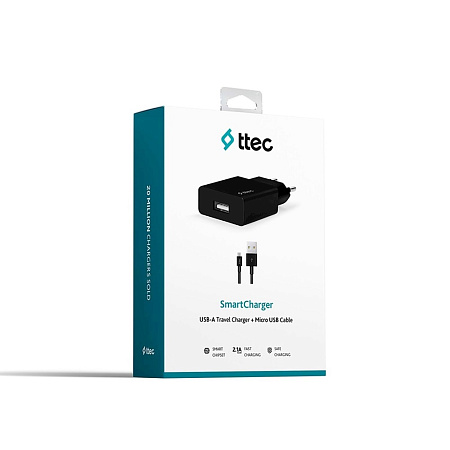 ttec Wall Charger with Cable USB to Micro USB 2.1A (1.2m) Smart Travel, Black