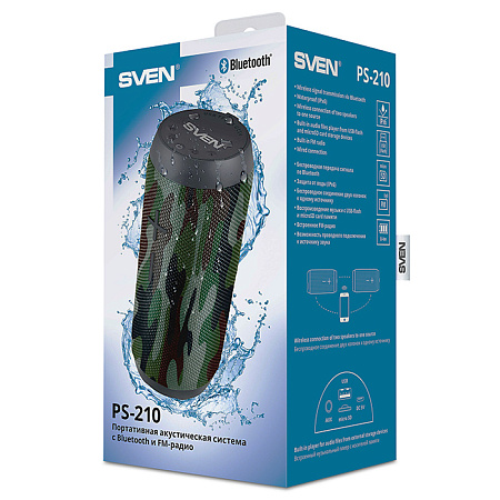 Speakers SVEN "PS-210" 12w(2*6), Camouflage, Bluetooth, TWS, IPx6,microSD,FM,AUX, USB, Mic,1500mA Speakers SVEN "PS-210" 12w(2*6), Camouflage, Bluetooth, TWS, IPx6,microSD,FM,AUX, USB, Mic,1500mA
