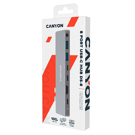 Docking Station Canyon DS-8 for MacBook, 8-in-1, 3xUSB-C, 2xUSB3.0, 2xHDMI, 3.5mm, PD 87W, Aluminum