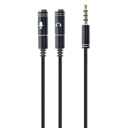 Аудио адаптер Cablexpert CCA-417M, 3.5mm 4-pin (M) - 2x 3.5mm 3-pin (F), 0,2м, Чёрный