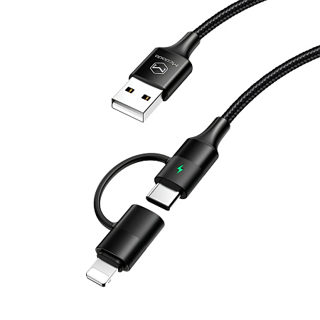 Mcdodo Cable Atom Series 2 in 1 USB-A to Lightning+Type-C with LED 2.4A 1.2m, Black