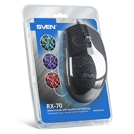 Mouse SVEN RX-70, 1200 dpi, 3 buttons, Ambidextrous, Backlight, Soft Touch , 87g., 1.5m, USB, Black