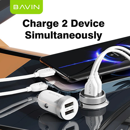 BAVIN Car Charger Dual USB Universal + Cable Lightning, 2.4A,12W, White