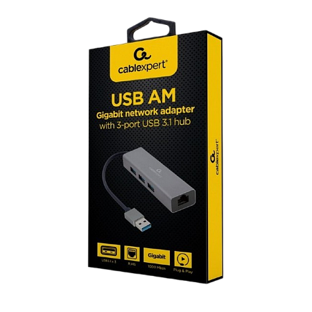 USB  3.0 Hub 3-port with built-in LAN port Cablexpert "A-AMU3-LAN-01", Black