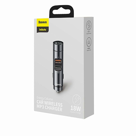 Baseus FM Modulator BT V5.0 with Car Charger Energy Column 1*USB-A 3.0 QC3 + 1*USB--A 2.0, 18W, Dark Grey