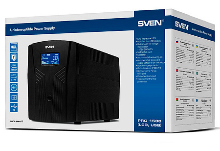 UPS SVEN Pro 1500, 1500VA/900W, Line Interactive, AVR, LCD, USB, RJ-45, 3xShuko Sockets