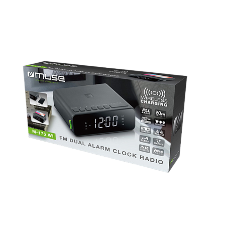 MUSE M-175 WI, Tuner FM, Clocks, Wireless charging 5W, USB charging Port, Black