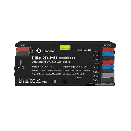 Gledopto Elite 2D-MU Advanced ESP32 WLED Digital LED Controller RGB/RGBW/RGBCCT (GL-C-615WL), DC5~24V, total max 15A output, max 800 ICs connected