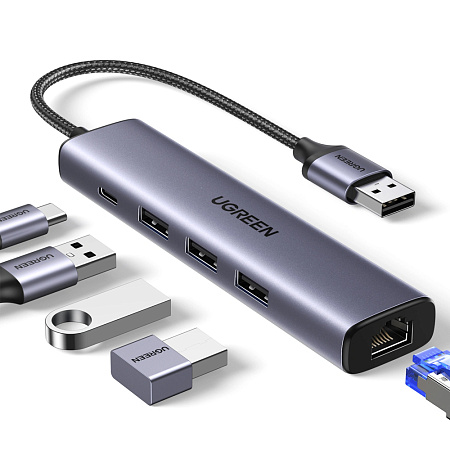 UGREEN HUB 5in1 USB-A 3.0 to 3*USB3.0+Gigabit RJ45+PD 100W | CM475, Grey