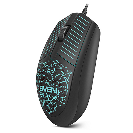 Mouse SVEN RX-70, 1200 dpi, 3 buttons, Ambidextrous, Backlight, Soft Touch , 87g., 1.5m, USB, Black