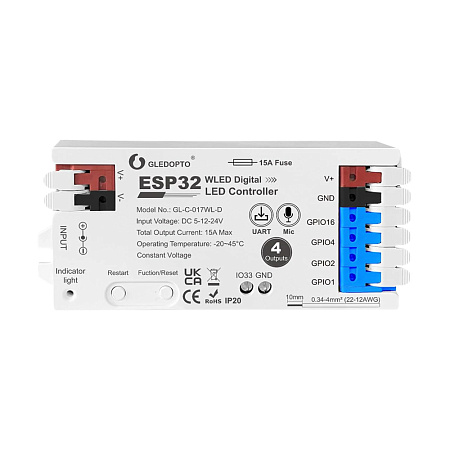 Gledopto ESP32 WLED Digital LED Strip Controller RGB/RGBW with 4-Output (GL-C-017WL-D), DC5~24V, max 15A output, max 800 ICs, SM16703P, SK6812, WS2811