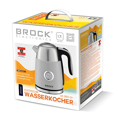 BROCK Electric Kettle WK 9805 GY, 1.7L, 1850-2200W, Grey