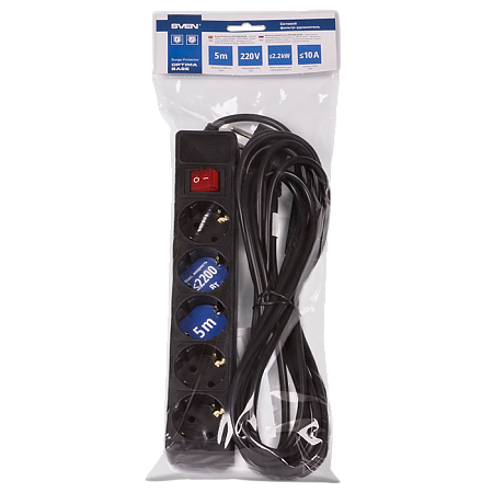 Surge Protector 5 Sockets, 1.8m, Sven Optima Base, BLACK flame-retardant material Surge Protector 5 Sockets, 1.8m, Sven Optima Base, BLACK flame-retardant material