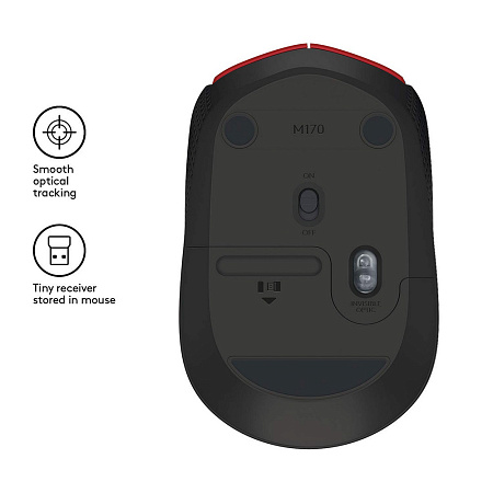 Wireless Mouse Logitech M171, 1000 dpi, 3 buttons, Ambidextrous, 69,3g., 1xAA, 2.4Ghz, Red