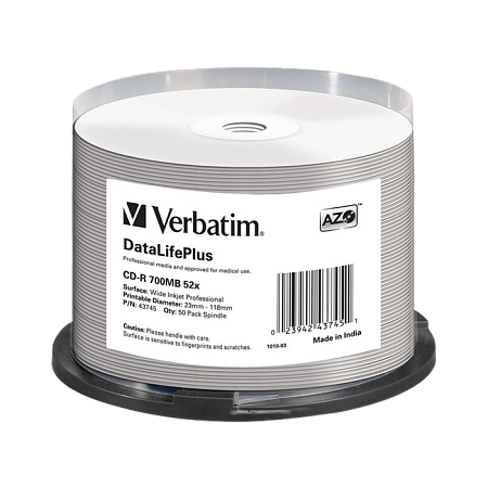 CD-R   Printable  50*Cake, Verbatim, 700MB, 52x, AZO PRO, Printable NO ID Brand; 43745