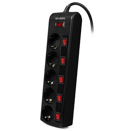 Surge Protector   5 Sockets,  3.0m,   Sven "SF-05PL", BLACK, individual switches, flame-retardant