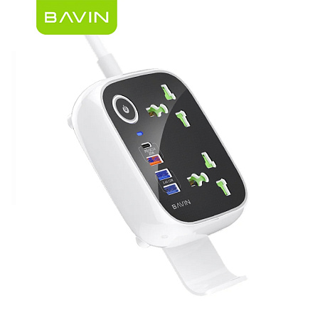 BAVIN Power Socket, 3 Outlets + 1 Type-C PD 20W + 3 USB QC 3.0, Child Protection, 1.5m, Black