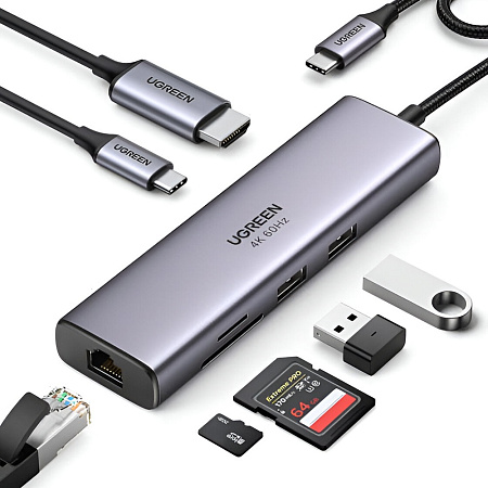 UGREEN Docking Station 7in1 USB-C to 1*HDMI 4K@60Hz + 2*USB3.0 + 1*LAN + 1*SD + 1*TF + PD 100W | CM512, Gray