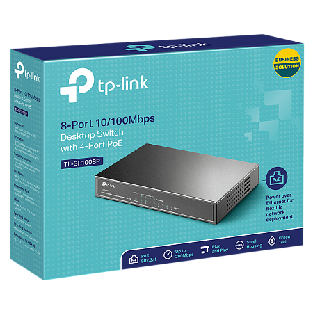 .8-port 10/100M TP-Link PoE Switch, TL-SF1008P, 4x PoE ports, 66W Budget, steel case