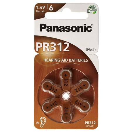 Дисковые батарейки Panasonic PR-312, PR312 (PR41), 170мА·ч, 6шт.
