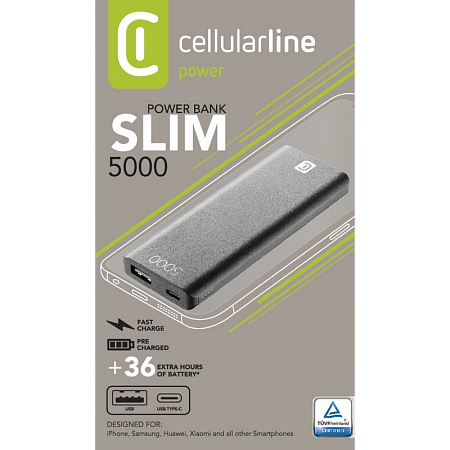 Портативное зарядное устройство Cellularline FreePower Slim 5000, 5мА·ч, Чёрный