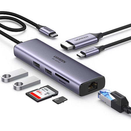 UGREEN HUB 7in1 USB-C To 4K@60Hz HDMI + 2*USB-A 3.0 + RJ45 Gigabit  + SD/TF Card Slot + PD 100W | CM512, Grey