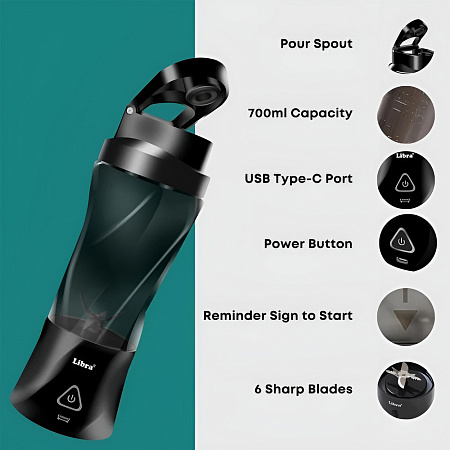 Libra Portable Blender Large Capacity USB-C 95x95x280mm, Black