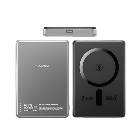 BAVIN Magnetic Wireless Power Bank 5000mAh, 15W MagSafe Compatible, Ultra-Slim, Grey