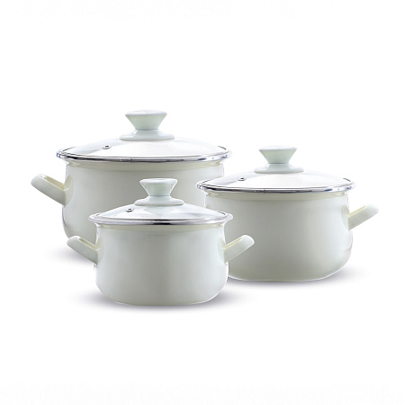 Emalia Olkusz, Set Of 6 Enameled Pots With Glass Lid, 14,16,18 Cm, Enameled Steel
