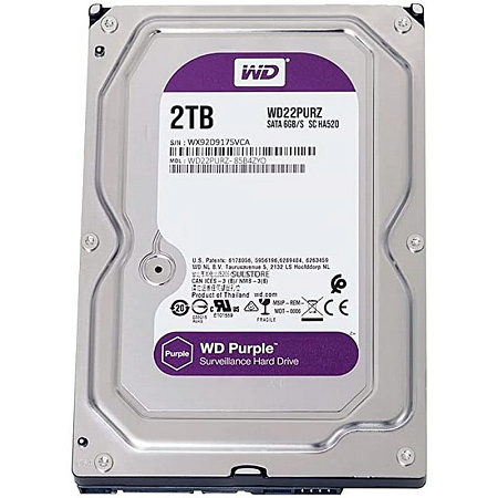 3.5" HDD  2.0TB-SATA - 256MB  Western Digital " Purple (WD22PURZ)", Surveillance, CMR