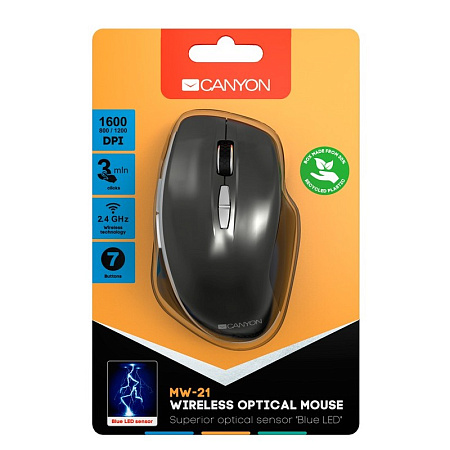 Wireless Mouse Canyon MW-21, Optical, 800-1600dpi, 7 buttons, Ergonomic, Blue LED, 1xAA, Gray
