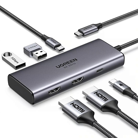 UGREEN Docking Station 6in1 USB-C to 2*HDMI 8K@30Hz + 2*USB-A3.0 + 1*USB-C3.0 + PD 100W | CM498, Gray UGREEN Docking Station 6in1 USB-C to 2*HDMI 8K@30Hz + 2*USB-A3.0 + 1*USB-C3.0 + PD 100W | CM498, Gray