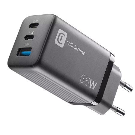 Wall Charger GAN Cellularline, 3 Ports, 2 PD + USB, 65W, Black