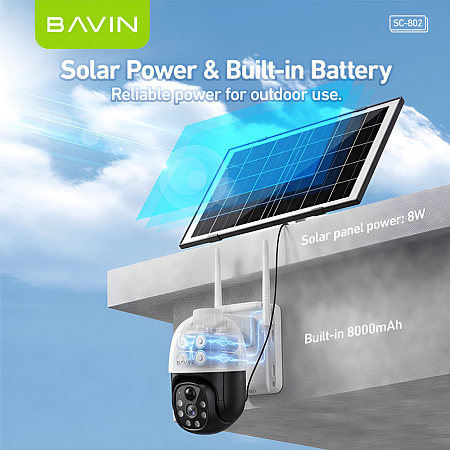 BAVIN Outdoor Solar Security Camera 5MP HD, PTZ (350°/90°), PIR Motion Detection, IP66, White