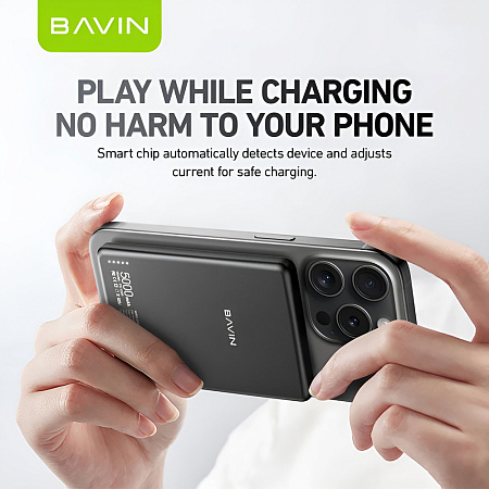 BAVIN Magnetic Wireless Power Bank 5000mAh, 15W MagSafe Compatible, Ultra-Slim, Grey