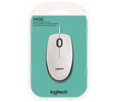 Mouse Logitech M100, 1000 dpi, 3 buttons, Ambidextrous, 90g, 1,8m, USB, White