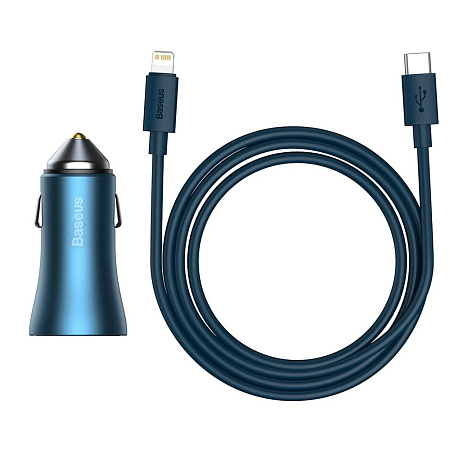 Baseus Car Charger USB/Type-C Dual Quick Charger 40W（With Baseus Cable Type-C to Lightning 1m）, Blue