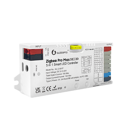Gledopto ZigBee Pro Max 5in1 LED Controller CCT/RGB/RGBCCT/Single Color (GL-C-601P), Push Switch, DC5~24V, 10A/CH, total max 15A output